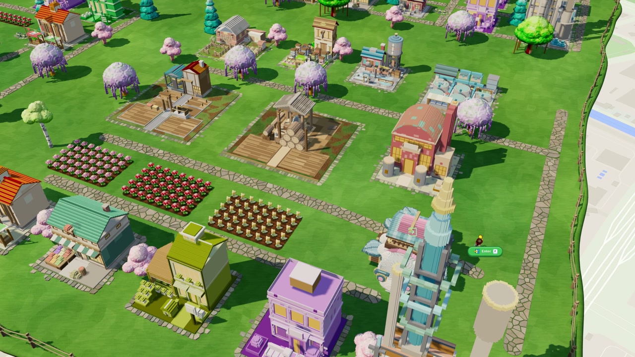 Rows of planted flowers beside production buildings and tree-lined stone paths in GrowIt.
