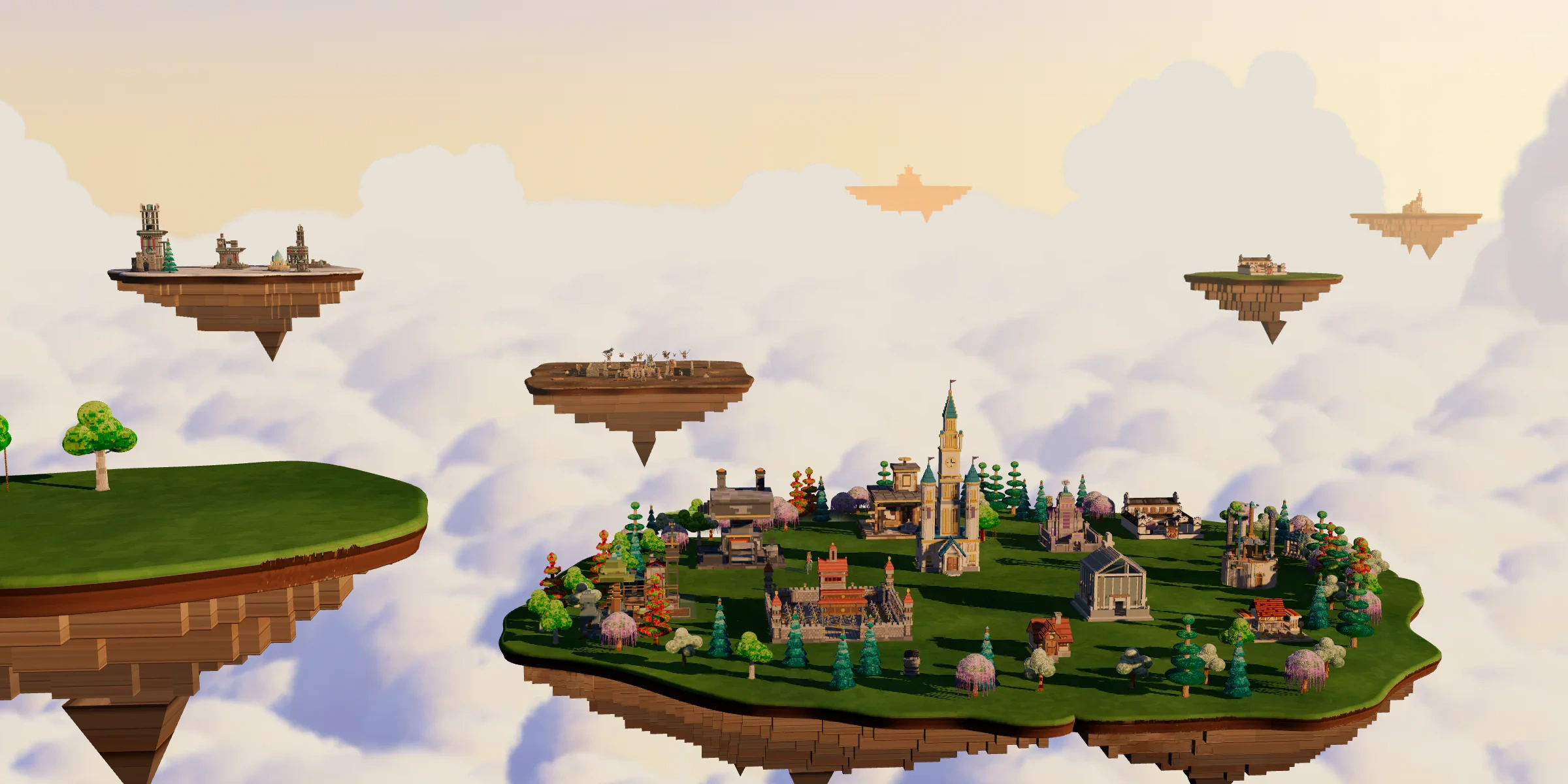 GrowIt's floating capital above an expansive sea of clouds, with colorful castles, flowering trees and distant islands.