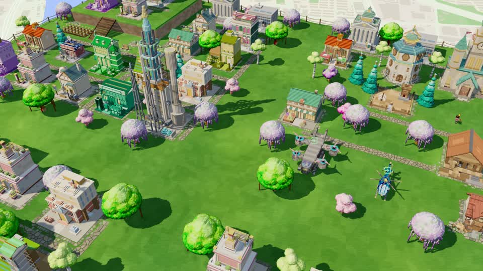 A GrowIt town in daylight, with colorful voxel buildings, flowering trees, and connected paths.